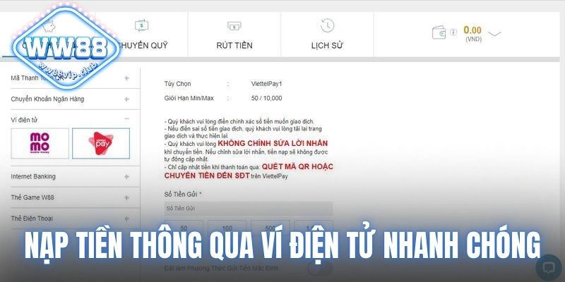 Nạp tiền thông qua ví điện tử nhanh chóng