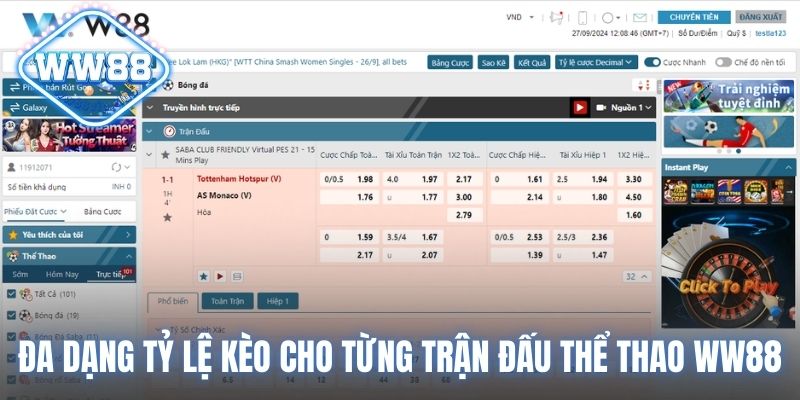 Đa dạng tỷ lệ kèo cho từng trận đấu thể thao WW88